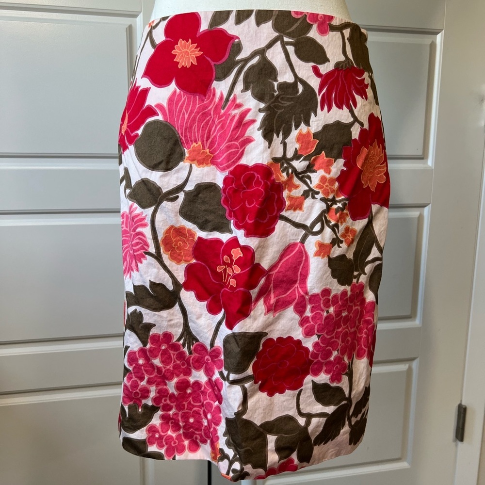 Ann Taylor Floral Print Pencil Skirt Red Pink Brown Career Office Party Petite 4